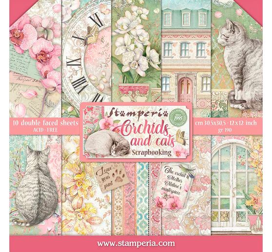 Scrapbook blok "Kat en Orchidee", 10 vellen, 30,5x30,5cm