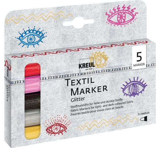 KREUL Textil Marker medium "Glitter", 5er-Set