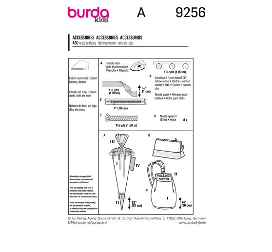 Burda Kids Schnittmuster Schultüte, Mäppchen und Turnbeutel Nr. 9256
