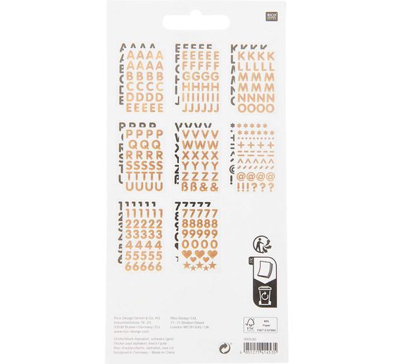 Sticker blok "Alphabet", Zwart/Goud