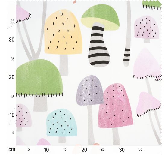 Tissu imprimé à l'aspect satin au mètre « Champignons multicolores »