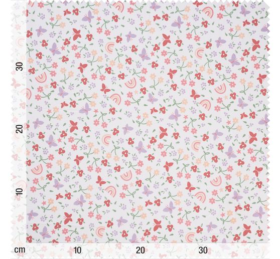 Baumwoll-Stoff "Blumen, Regenbogen und Schmetterlinge"