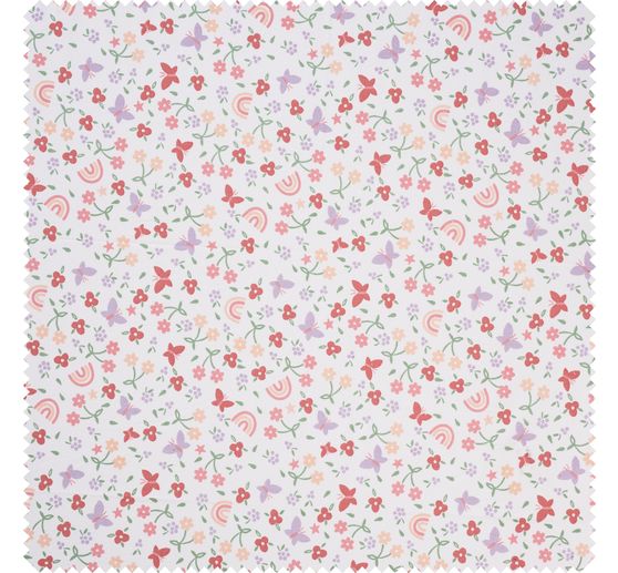 Baumwoll-Stoff "Blumen, Regenbogen und Schmetterlinge"