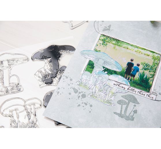 Sizzix Framelits Stanzschablone und Clear Stamps "Painted Pencil Mushrooms"
