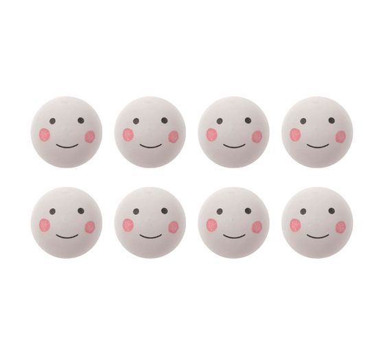 Boule en bois avec visage "Blanc", percée, 8 pcs.