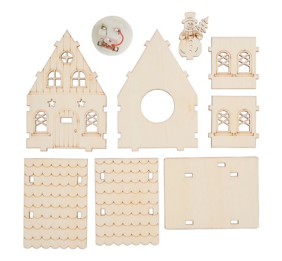 VBS Houten bouwpakket "Huis met sneeuwpop", incl. LED's
