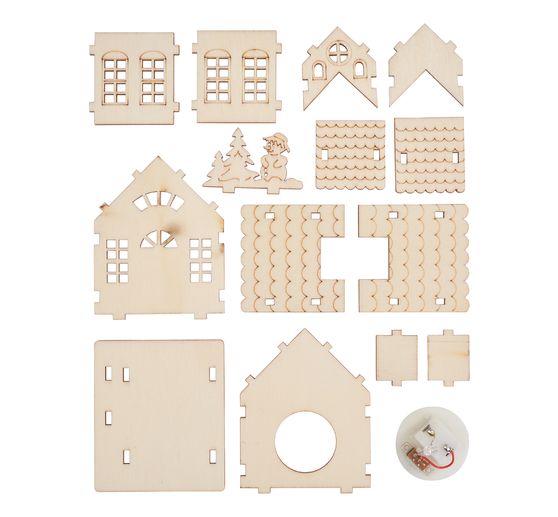 VBS Houten bouwpakket "Huis met toren en sneeuwpop", incl. LED's