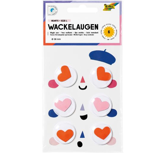 Wiebeloogjes "Hearts", 30 mm, zelfklevend
