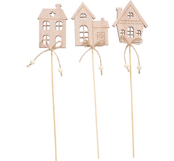 Piques en bois déco VBS « Maisons », set de 3
