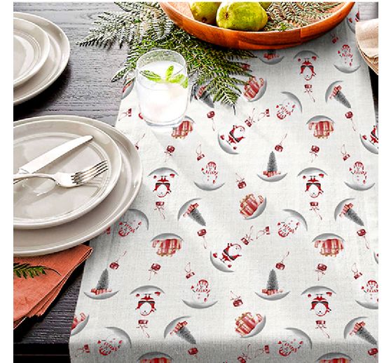Motief stof linnen optiek met gouden opdruk "Snowman and Santa"