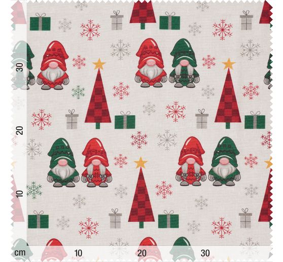 Tissu déco imprimé aspect lin au mètre « Lutins et sapins »