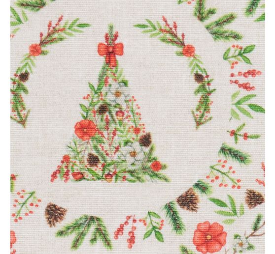 Tissu déco imprimé aspect lin au mètre « Sapin de Noël »