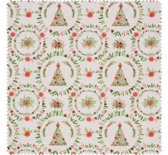Tissu déco imprimé aspect lin au mètre « Sapin de Noël »
