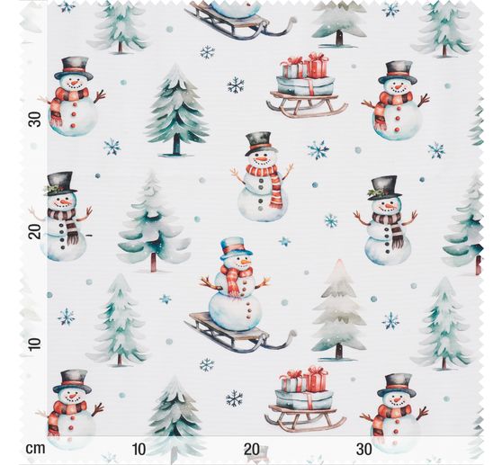 Tissu déco imprimé aspect lin au mètre « Bonhomme de neige avec luge »