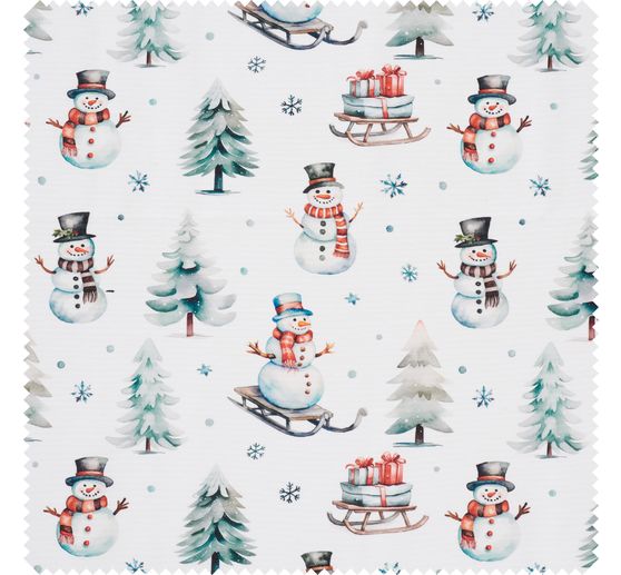 Tissu déco imprimé aspect lin au mètre « Bonhomme de neige avec luge »