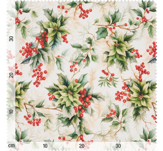 Tissu déco imprimé aspect lin au mètre « Baies d'houx »