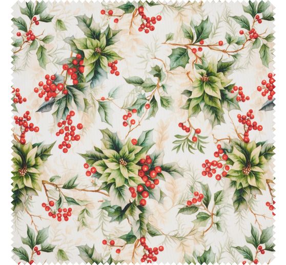 Tissu déco imprimé aspect lin au mètre « Baies d'houx »
