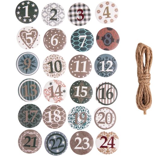 Boutons chiffres de l'Avent « Christmas Patterns » avec pastille adhésive