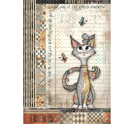 Motiv-Strohseide "Furry Friends - Cats and Butterfly"