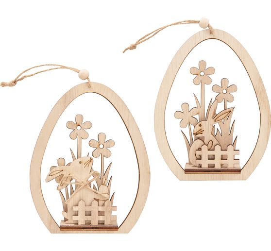 VBS Houten bouwpakket ei hanger "Konijntje met wortel en ei", set van 2