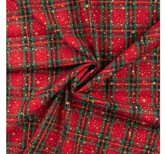 Tissu en popeline de coton hot foil au m&egrave;tre &laquo; Tartan &agrave; &eacute;toiles &raquo;