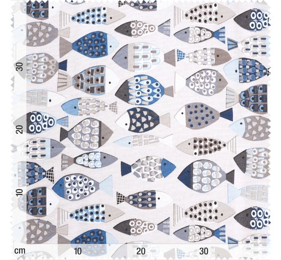 Tissu d&eacute;co imprim&eacute; aspect lin au m&egrave;tre &laquo; Poissons bleus &raquo;