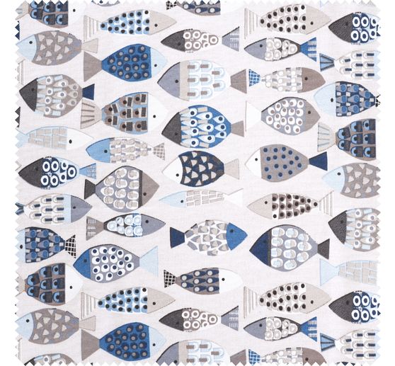 Tissu d&eacute;co imprim&eacute; aspect lin au m&egrave;tre &laquo; Poissons bleus &raquo;