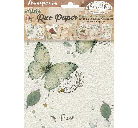 Assortiment de soies de paille &agrave; motifs Stamperia &laquo; Flowers and Poems &raquo;, DIN A6, set de 8 pi&egrave;ces