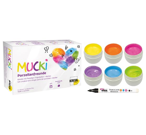 MUCKI Porseleinen vingerverf + marker "Porzellanfreunde", 6 x 50 ml