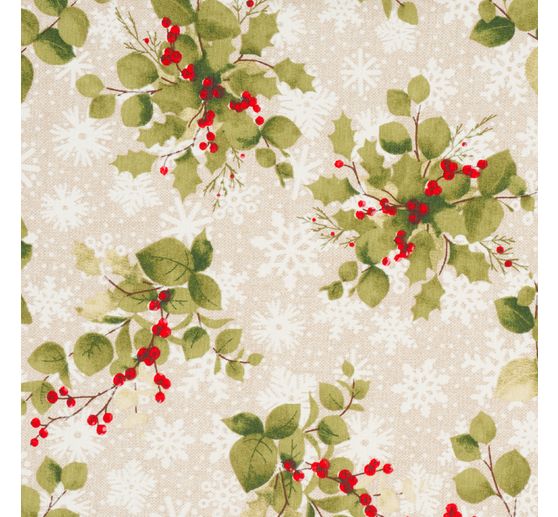 Tissu &agrave; motif aspect lin au m&egrave;tre &laquo; Branche de baies et flocons de neige &raquo;, enduction acrylique