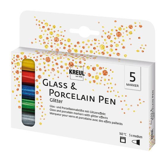 KREUL Glass & Porcelain Pen "Glitter" medium, set van 5