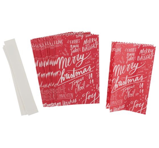 Paper bags star set "Merry Christmas", small, Red